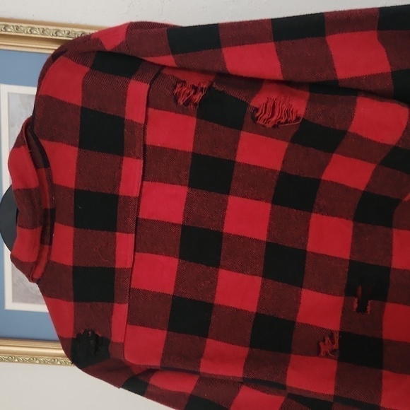 House of Chic Crop Shacket Retro Rockabilly Gingham Distressed Goth Flannel - Picture 10 of 10